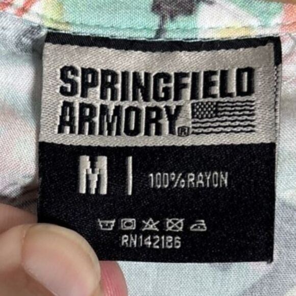 Springfield Armory Hawaiian Shirt Mens Size M Teal Gun American Flag AOP Bullpup - Picture 7 of 16